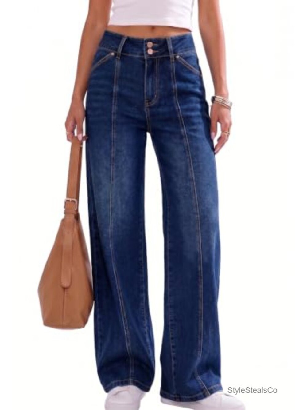 High Waisted Wide Leg Jeans Stretch Denim Pants Pockets Work Casual